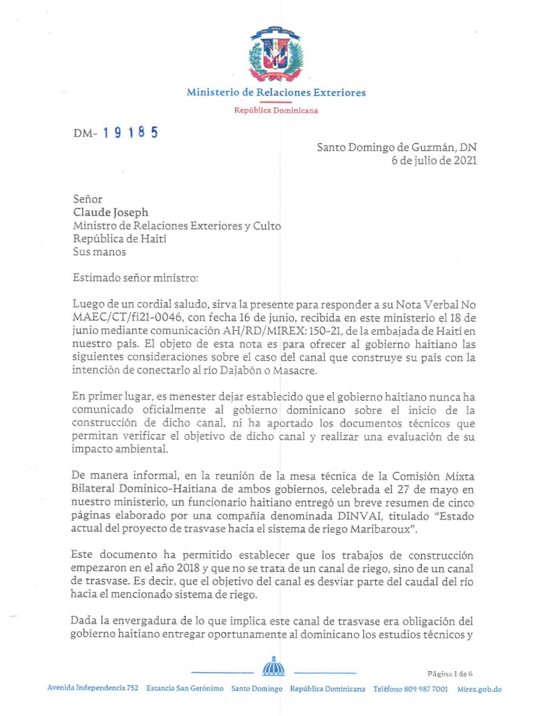 Comunicado del Ministerio de Relaciones Exteriores sobre la posición del Gobierno dominicano respecto a la construcción de un canal en el lado haitiano del río Dajabón o Masacre