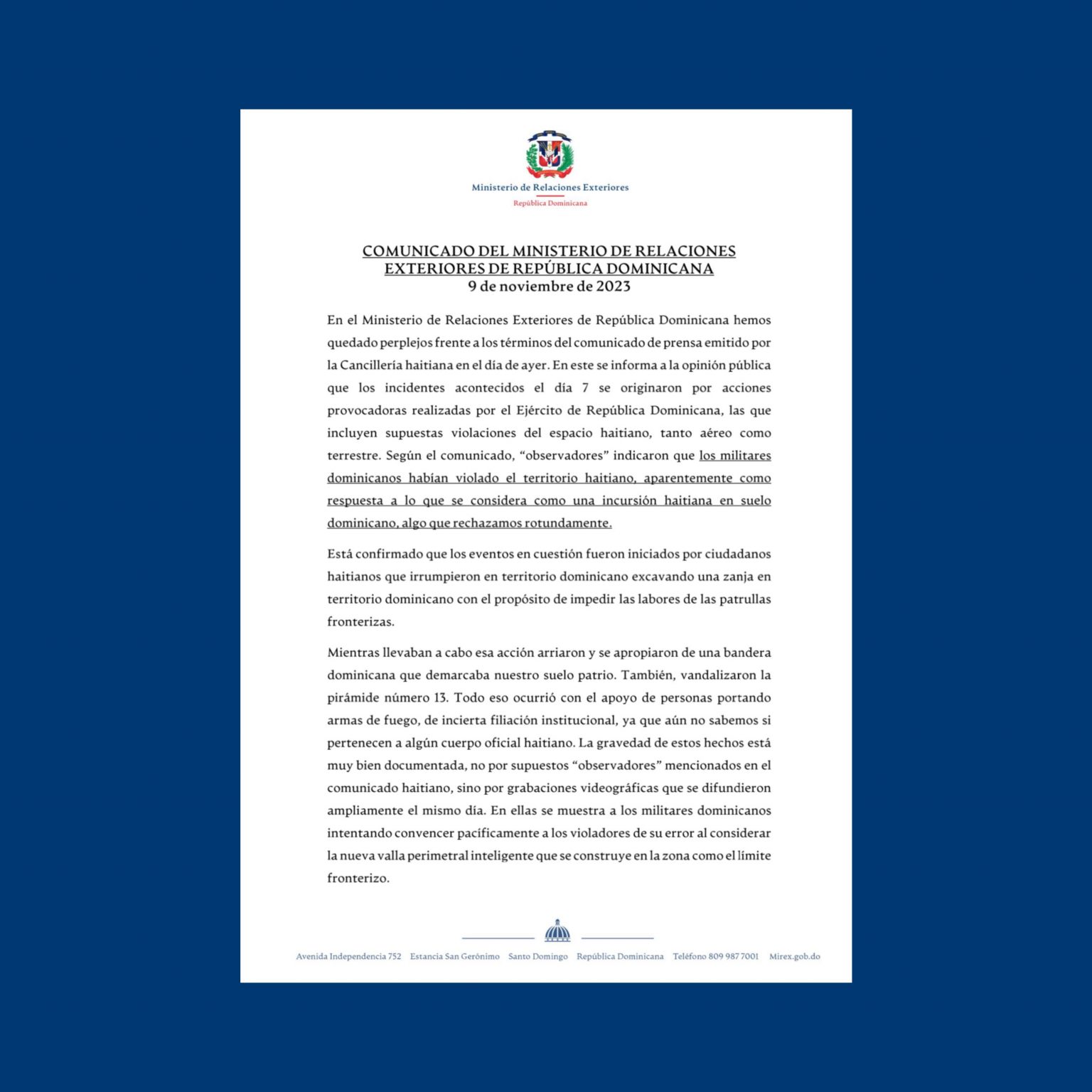 Comunicado Del Ministerio De Relaciones Exteriores Del 9 De Noviembre ...